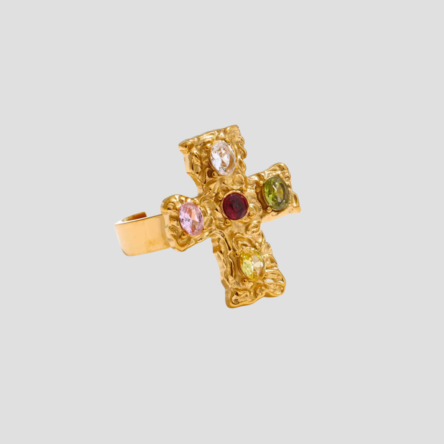 Multicolor Gemstone Cross Adjustable Ring