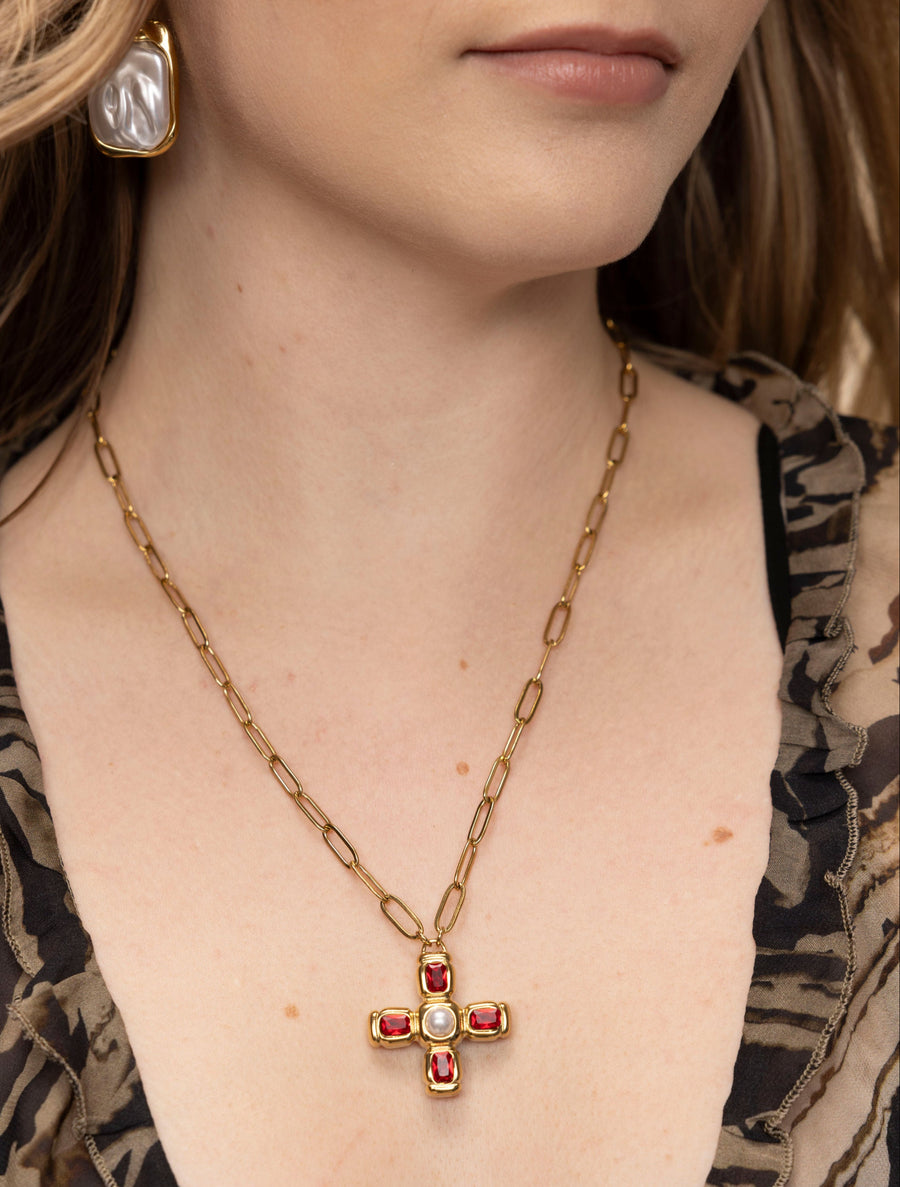 Perlita Ruby Stone Cross 18k Gold Plated Necklace