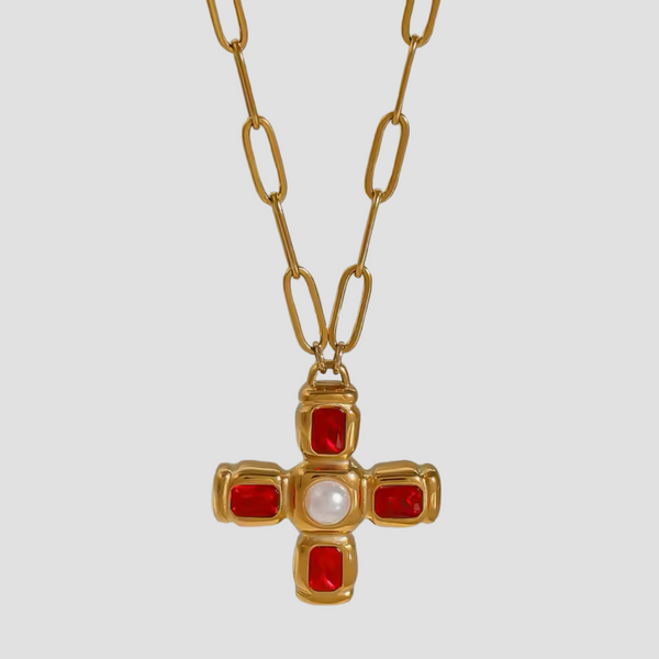 Perlita Cross 18K Gold Necklace - Ruby Blossom Elegance | Grisé NYC