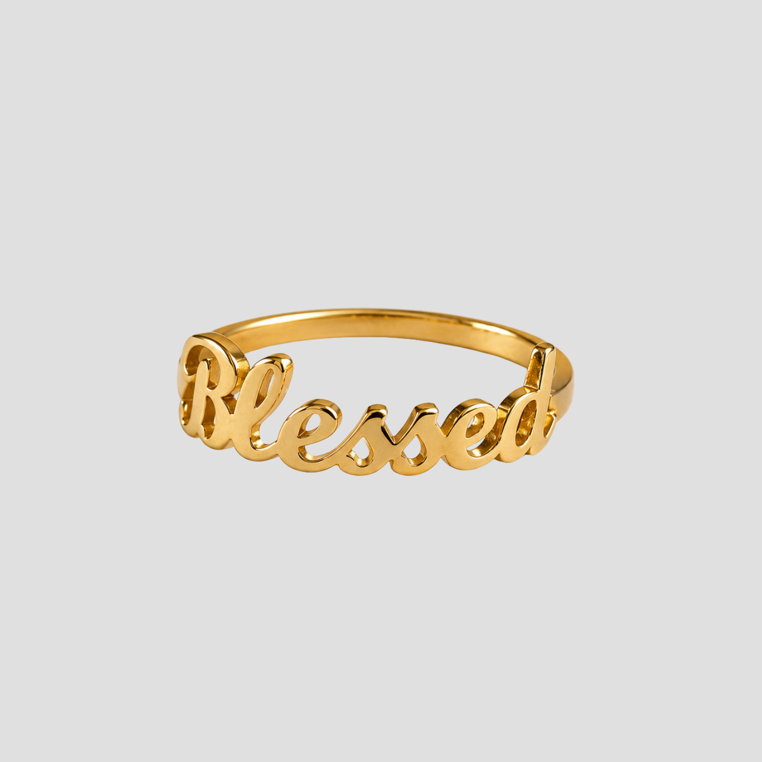 Blessed Ring in 18k gold plated stainless steel featuring an elegant script "Blessed" design by GRISÉ NYC.