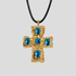 GRISÉ NYC Blue gemstone cross pendant necklace in gold with five oval blue stones on a black cord necklace against a light gray background.