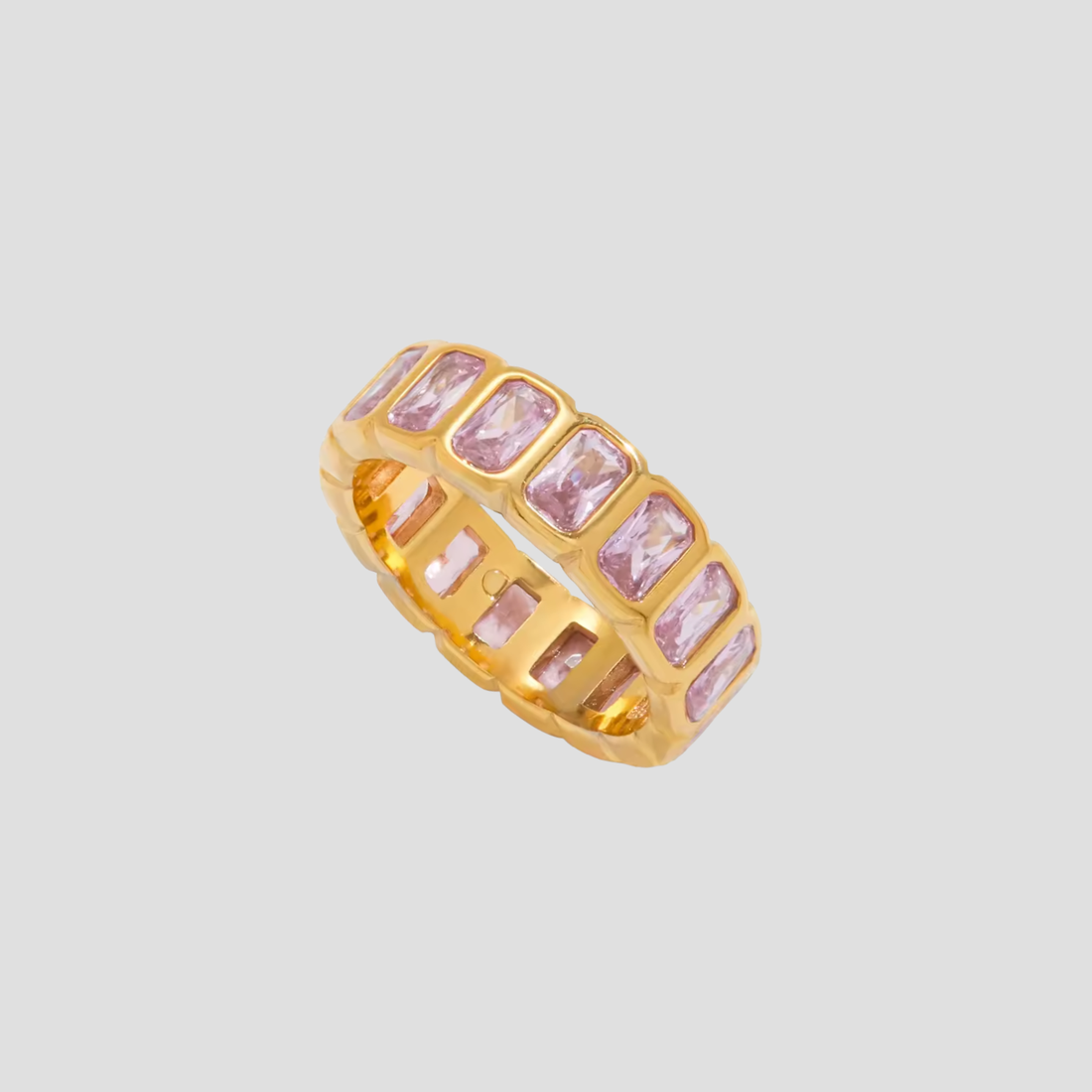 GRISÉ NYC Blush Prism Bezel Eternity Ring 18k gold plated stainless steel pink cubic zirconia