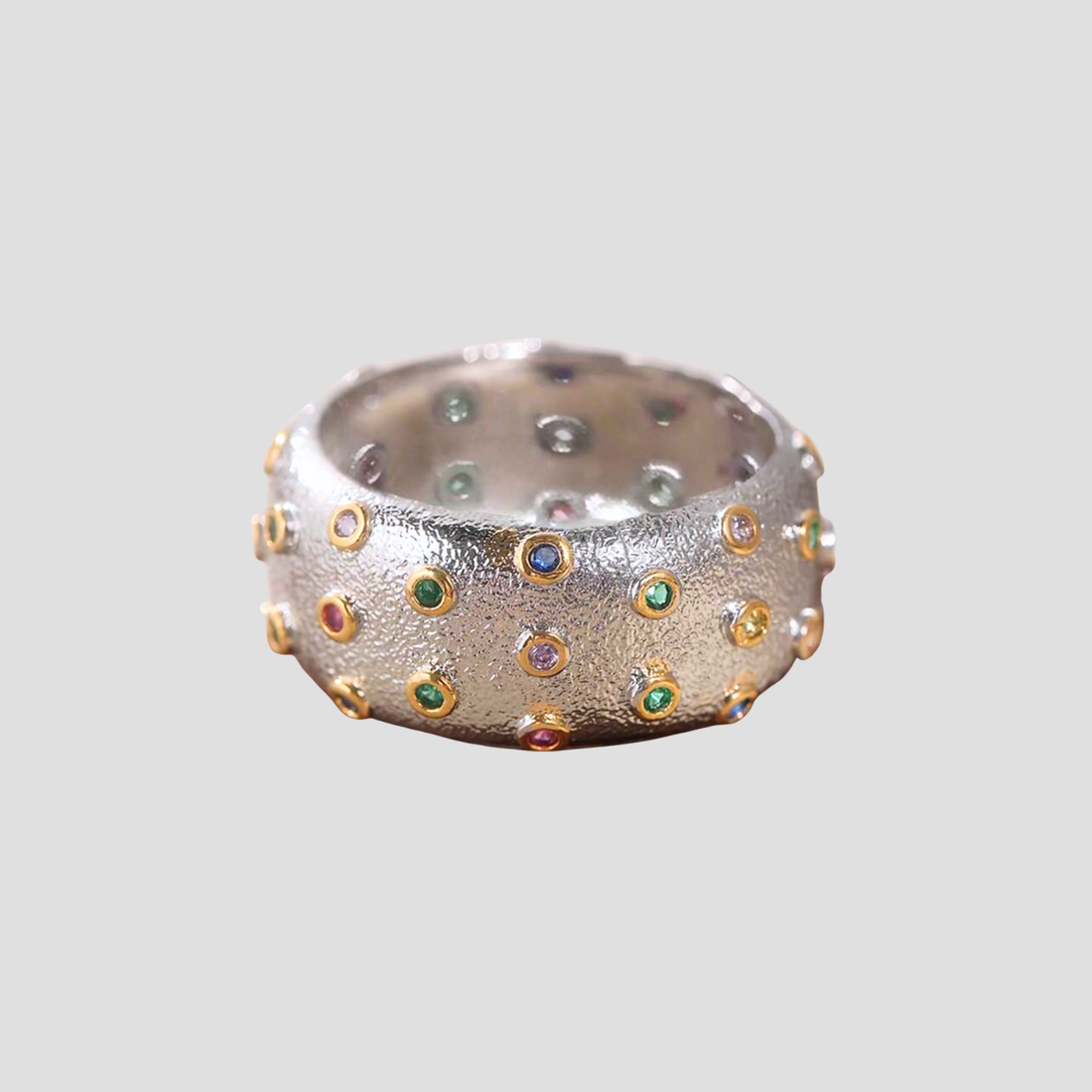 Confetti gemstone band ring textured silver and gold multicolor stones GRISÉ NYC