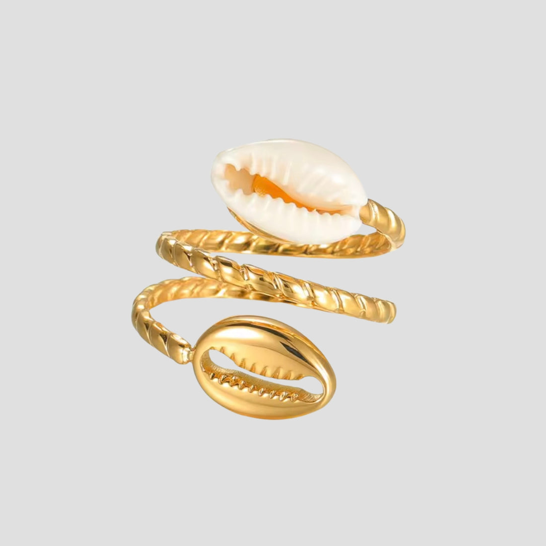 Cowrie Shell 18K Gold Wrap Ring in polished gold stainless steel featuring a spiral wrap design with natural cowrie shell accents by GRISÉ NYC.