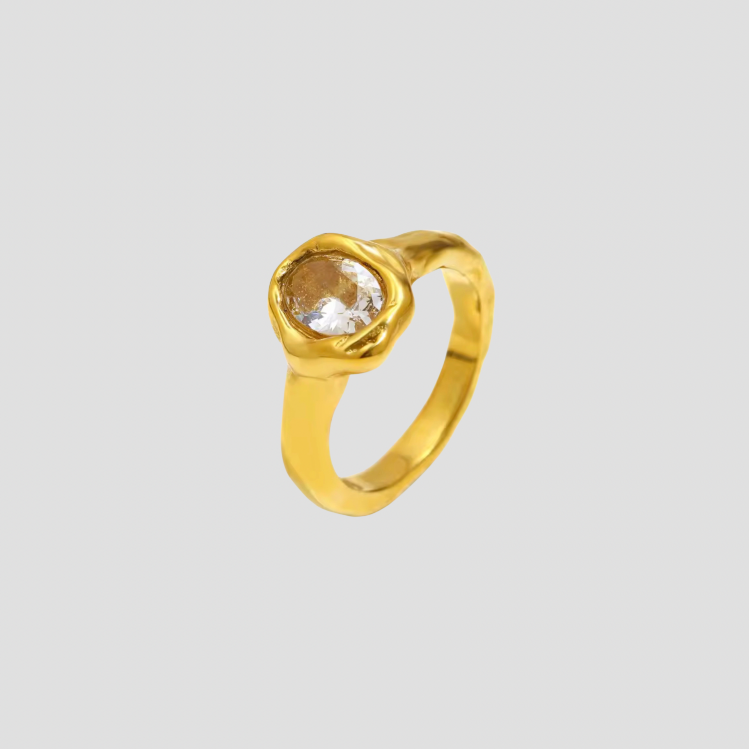 Gold Molten Heirloom Cubic Zirconia Ring in stainless steel front view
