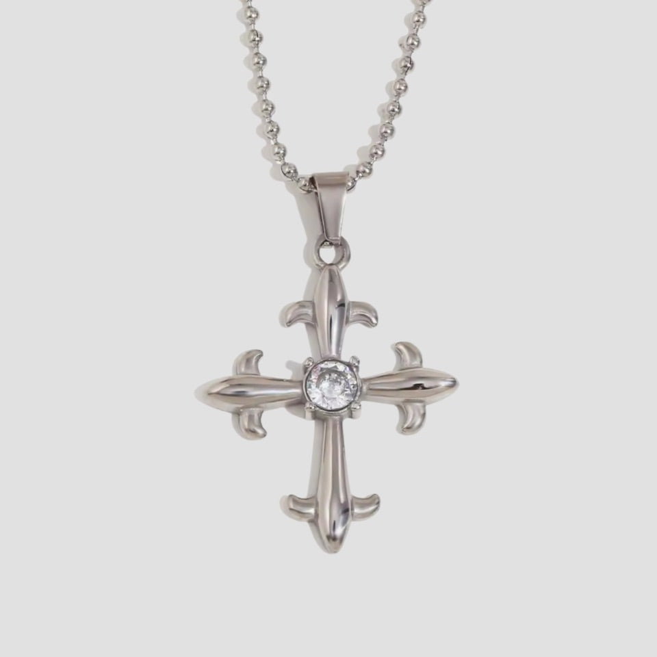 GRISÉ NYC Lumière cross pendant necklace in stainless steel with cubic zirconia
