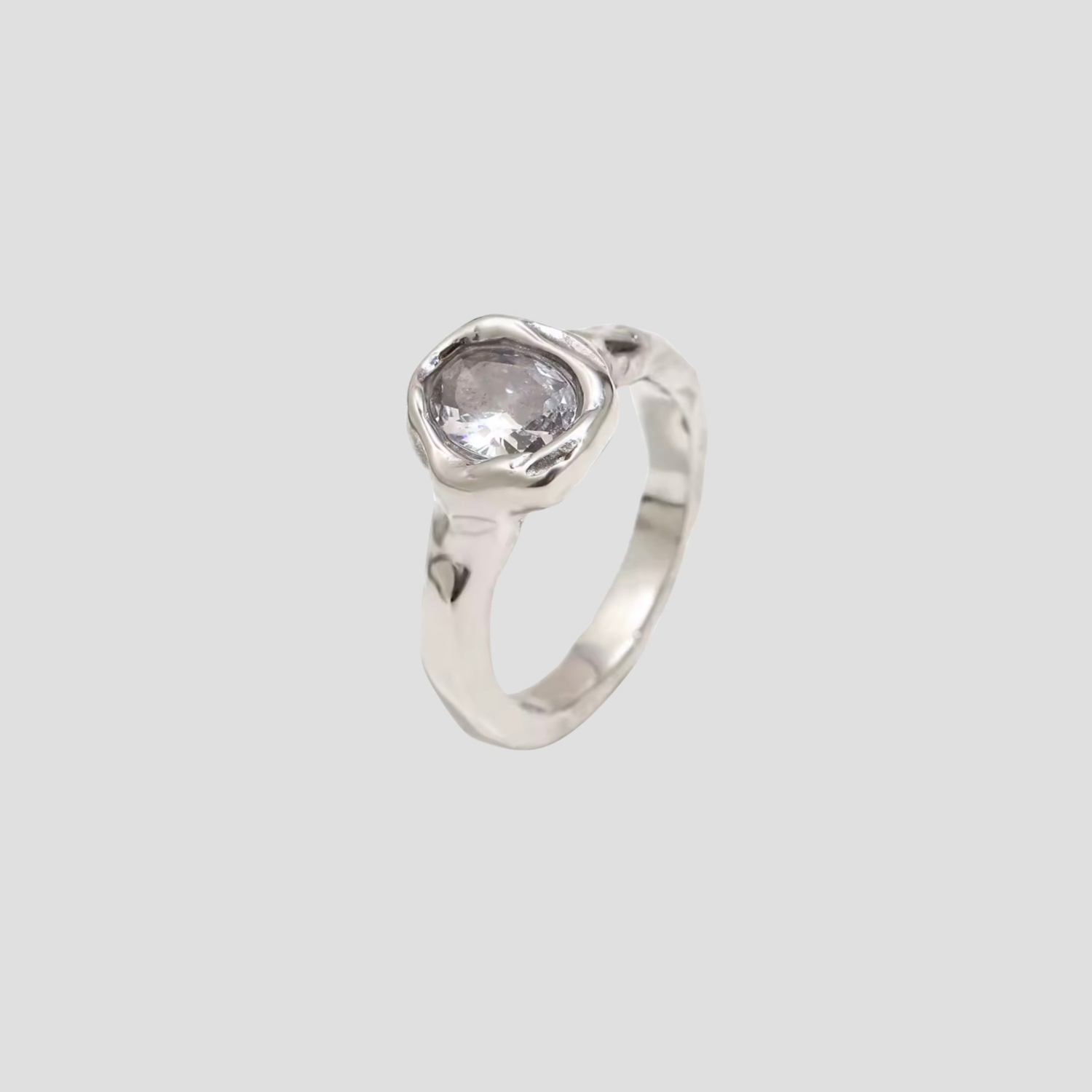 Molten Heirloom Cubic Zirconia Ring in silver stainless steel front view