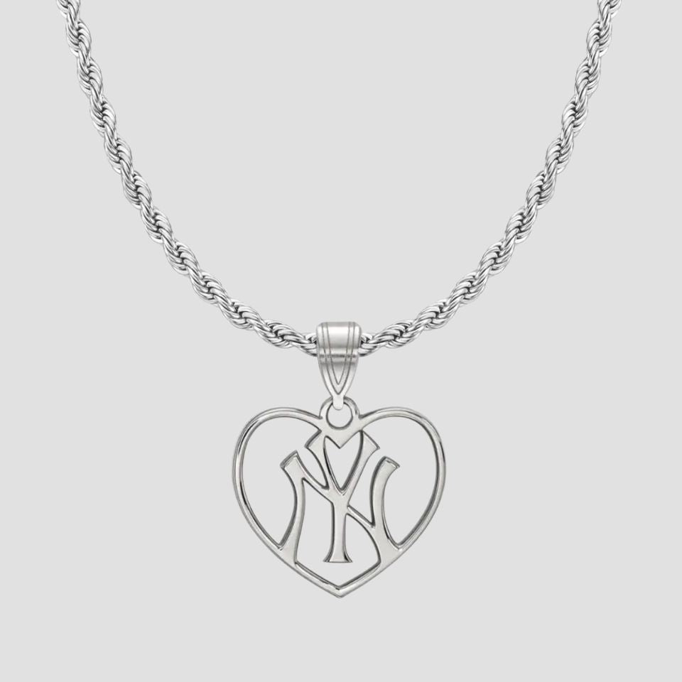 NY Yankees heart pendant necklace on rope chain in stainless steel