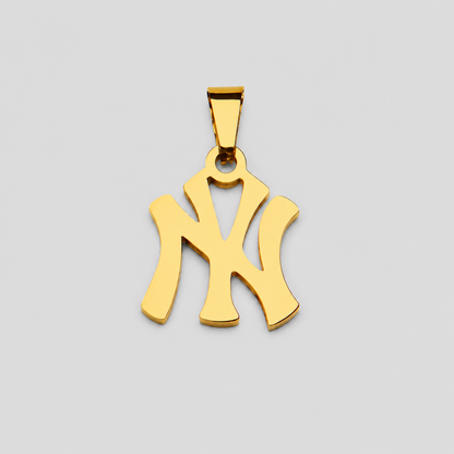 Polished gold NY pendant necklace charm on light grey background, minimalist Yankees inspired monogram jewelry
