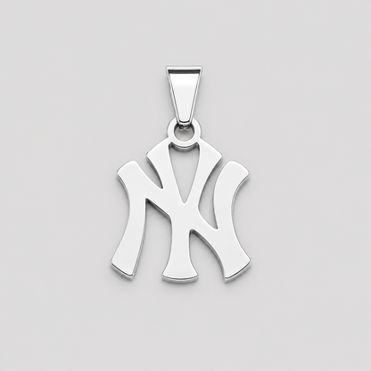 Polished silver NY pendant necklace charm on light grey background, minimalist Yankees inspired monogram jewelry