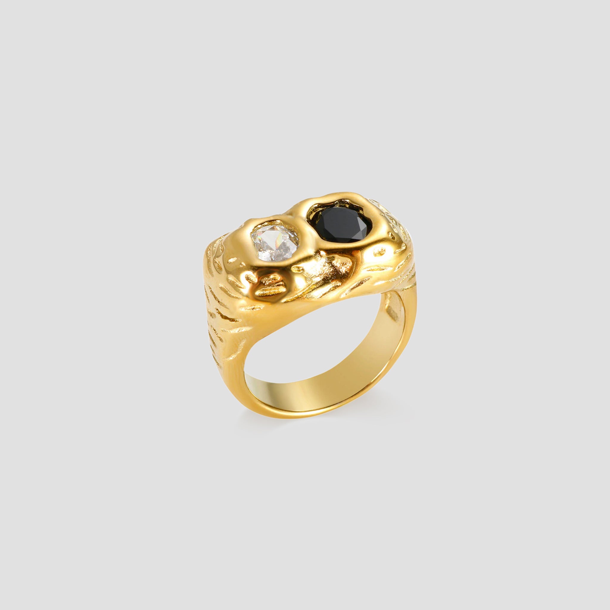 GRISÉ NYC 2-Tone 18k Gold Rugged Ring featuring mixed metal detailing and black stone accents.