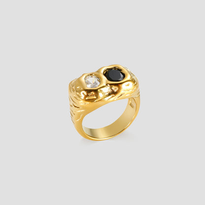 GRISÉ NYC 2-Tone 18k Gold Rugged Ring featuring mixed metal detailing and black stone accents.