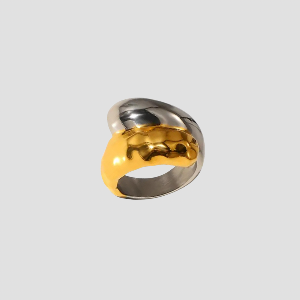 GRISÉ NYC 2-Tone Wrapped Ring in silver stainless steel with bold 18k gold plated wrapped detail on gray background