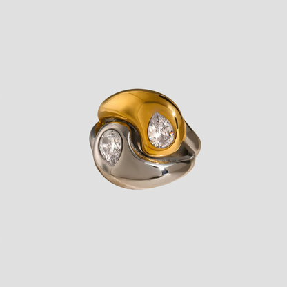 GRISÉ NYC 2 tone yin yang crystal ring in gold and silver stainless steel statement ring.