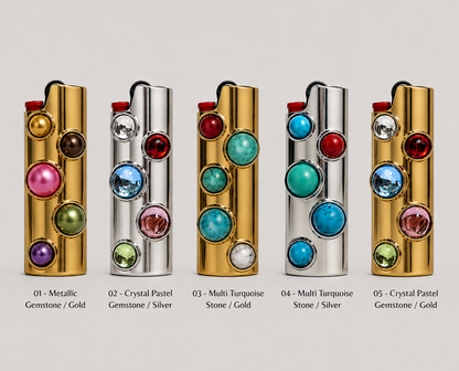 GRISÉ NYC Bedazzled Gemstone BIC J6 Maxi Lighter Case colorway guide showing Metallic Gemstone Gold, Crystal Pastel Gemstone Silver, Multi Turquoise Stone Gold, Multi Turquoise Stone Silver, and Crystal Pastel Gemstone Gold finishes.