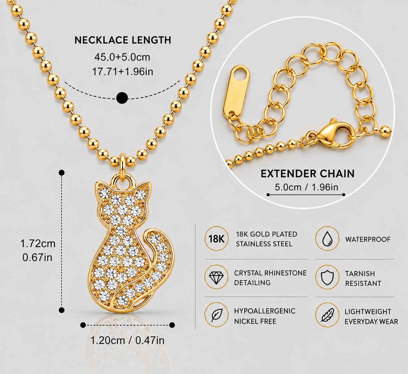 GRISÉ NYC Cat Charm Pendant Necklace details page featuring 18k gold plated stainless steel cat pendant with crystal rhinestone detailing, necklace measurements, and extender chain on a light grey background
