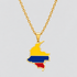 Gold Colombia flag map pendant necklace by GRISÉ NYC featuring yellow, blue, and red enamel detailing, polished gold-tone edges, and a gold cable chain on a light gray background.