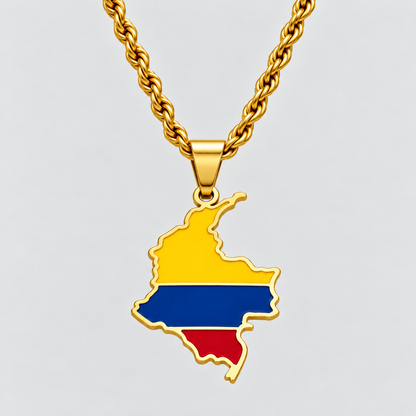 GRISÉ NYC gold Colombia flag map pendant necklace featuring yellow, blue, and red enamel detailing, paired with a 3mm silver rope chain on a light grey background.
