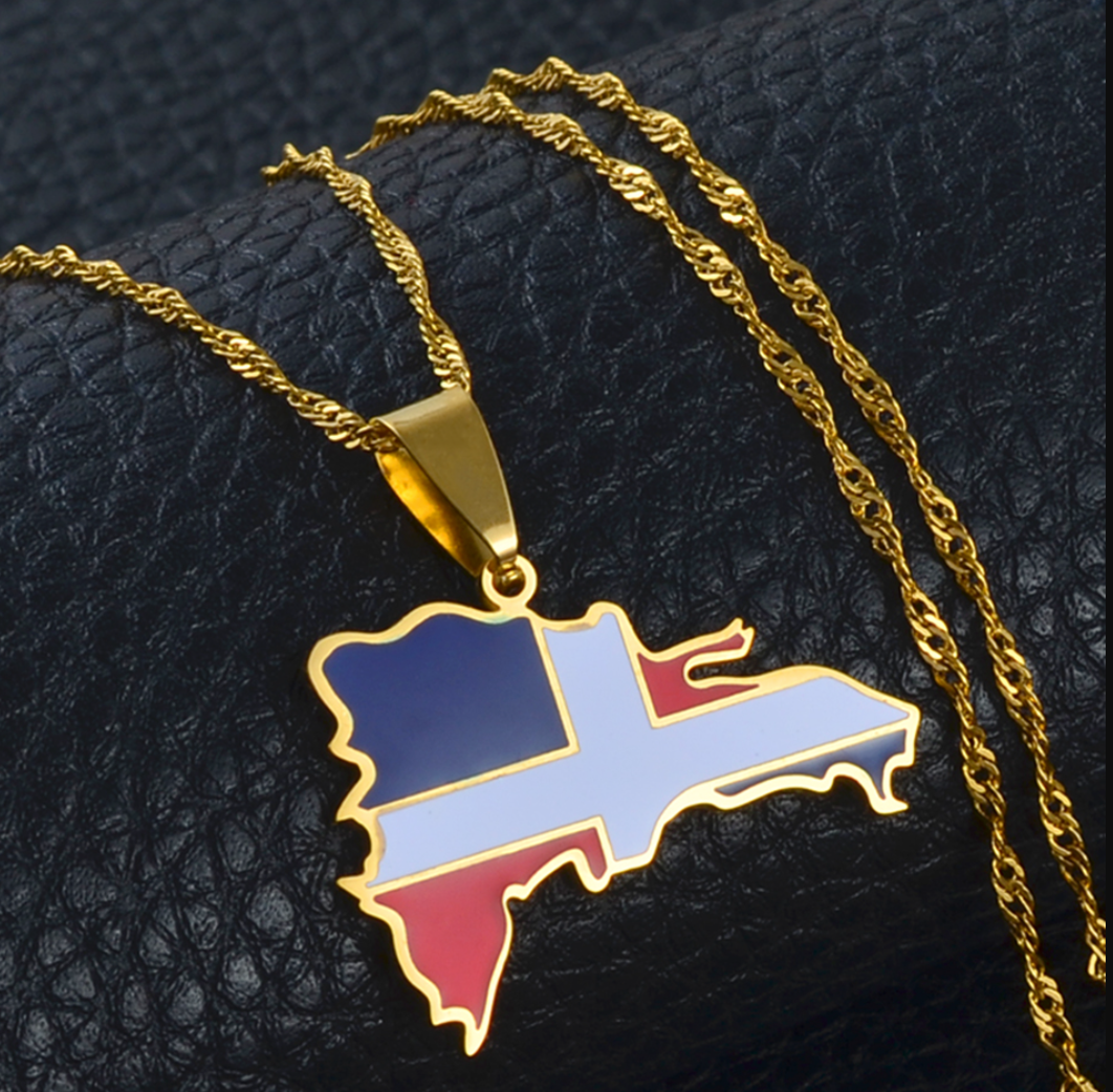 GRISÉ NYC Dominican Republic enamel pendant necklace gold chain styled on dark background.