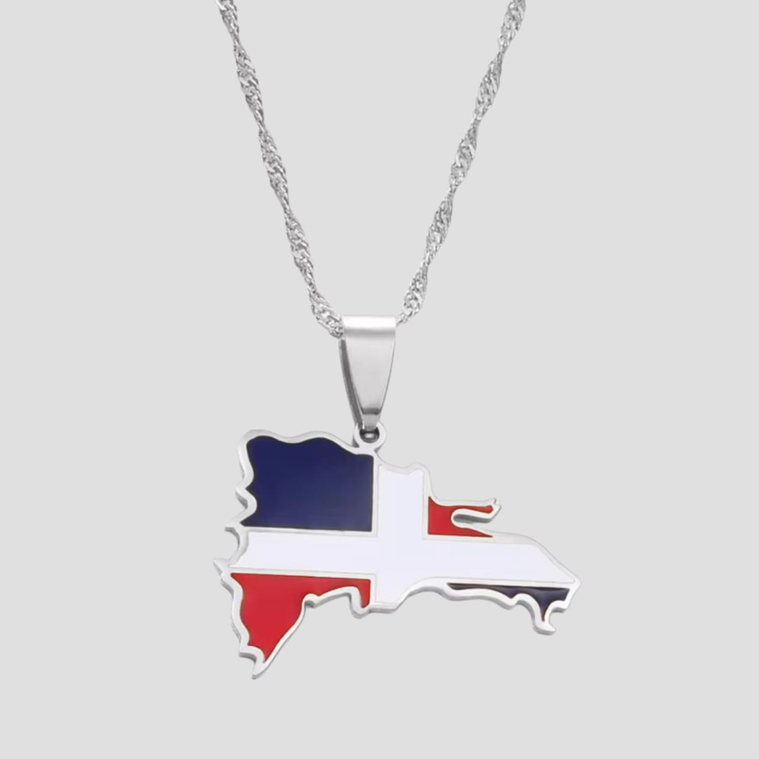 GRISÉ NYC Dominican Republic enamel pendant necklace with national flag blue red white color fill on stainless steel chain.