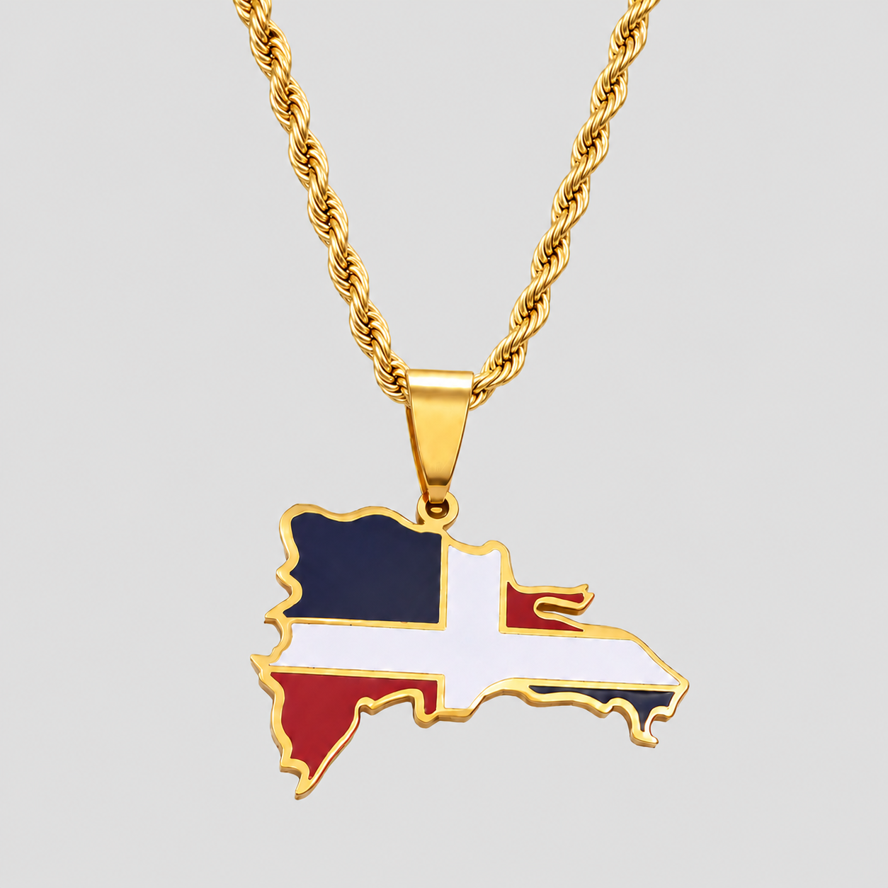 GRISÉ NYC Dominican Republic enamel pendant rope necklace against a light gray background.