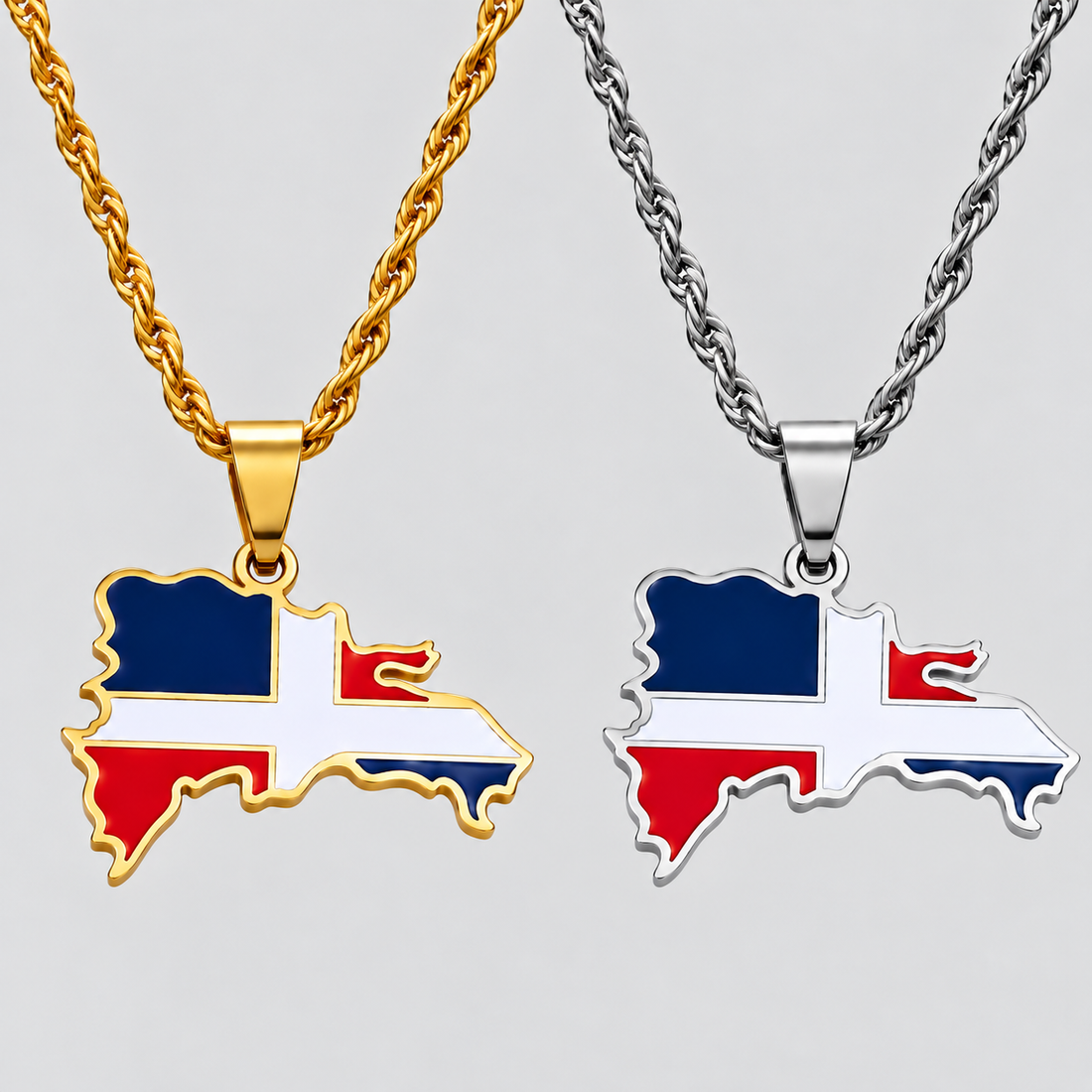 GRISÉ NYC Dominican Republic map pendant necklaces in gold and silver, featuring red, white, and blue flag detailing on matching 3mm rope chains.