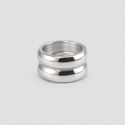 Double Dome Stainless Steel Ring silver layered statement ring front view
