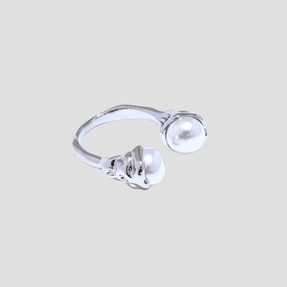 GRISÉ NYC double pearl open ring in stainless steel minimalist statement ring.