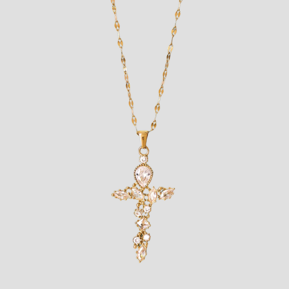 Gold gemstone cross pendant necklace with floral cubic zirconia – GRISÉ NYC