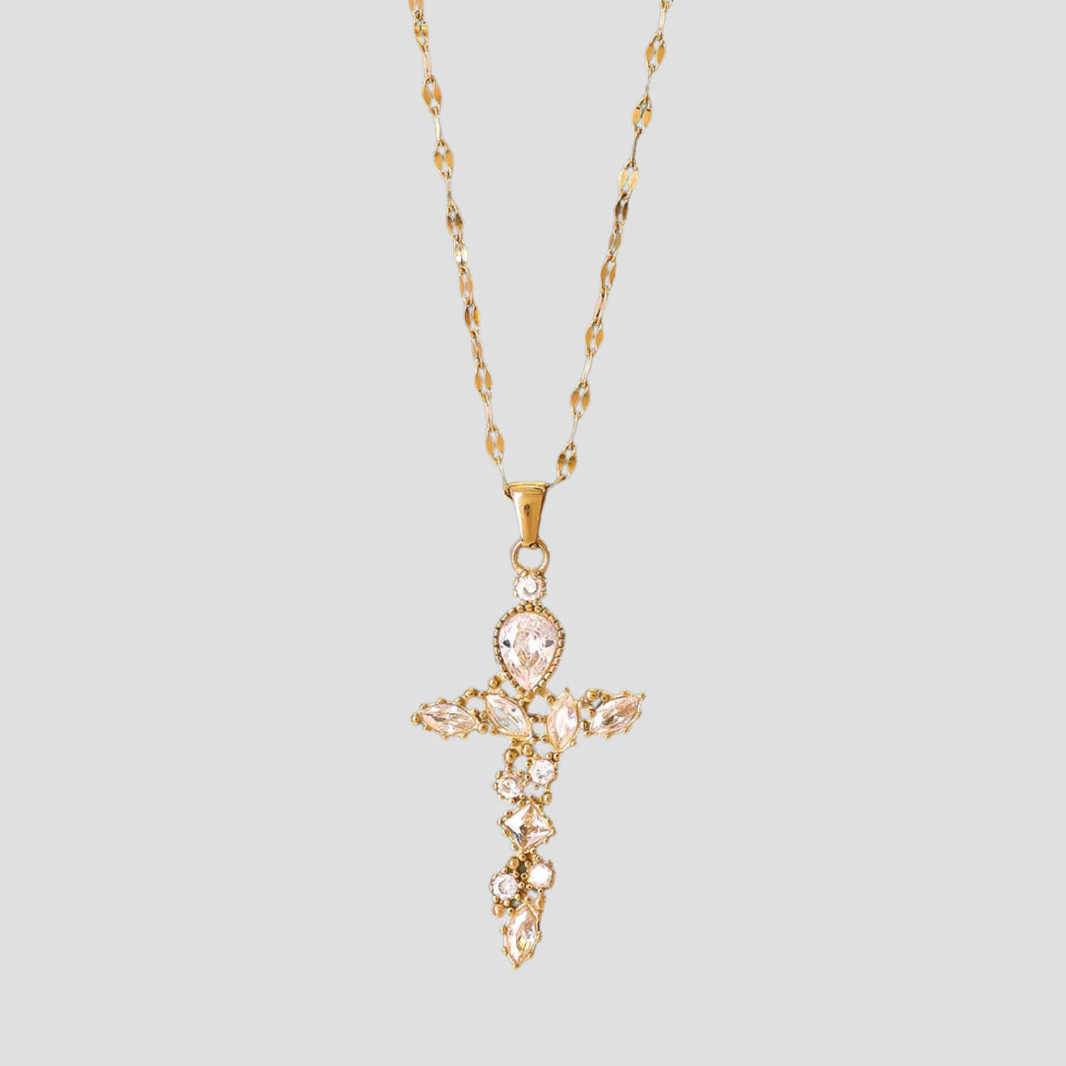 Gold gemstone cross pendant necklace with floral cubic zirconia – GRISÉ NYC