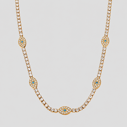 GRISÉ NYC Evil Eye Tennis Necklace in 18k gold plated stainless steel with sparkling evil eye accents.
