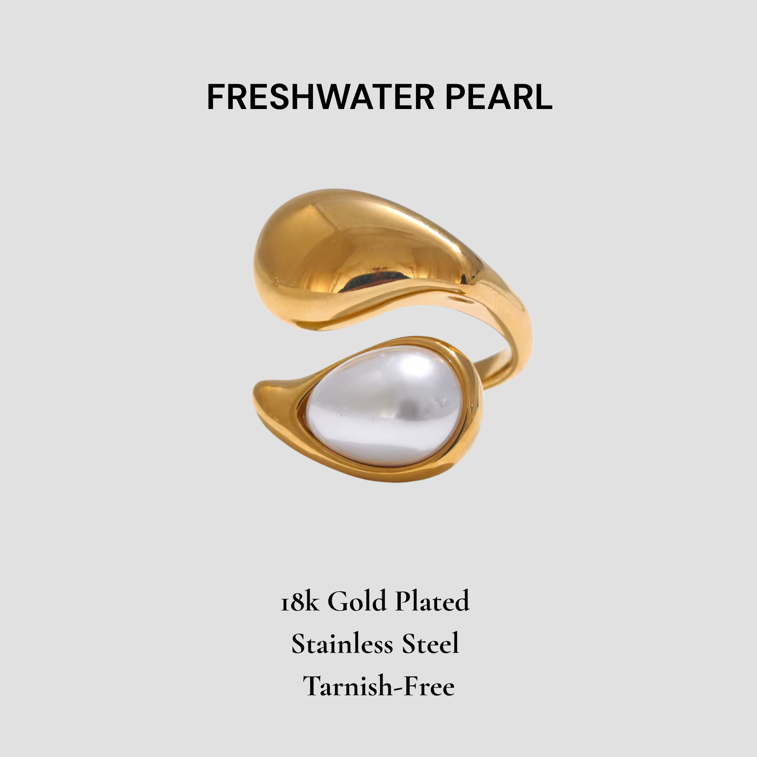 GRISÉ Freshwater Pearl Eclipse Ring in 18k gold plated stainless steel, featuring a sculptural open ring design with a luminous pearl and tarnish free finish.