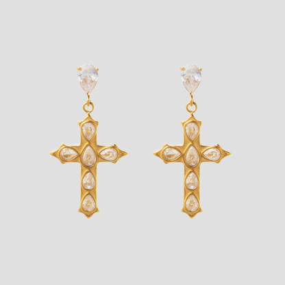 GRISÉ NYC gemstone cross dangle earrings in 18k gold plated stainless steel with cubic zirconia.