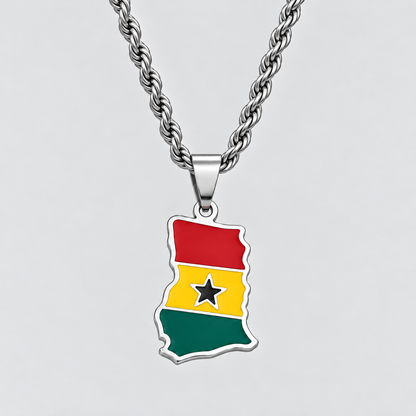 GRISÉ NYC silver Ghana flag map pendant necklace featuring red, yellow, and green enamel with a black star, paired with a 3mm silver rope chain on a light grey background.