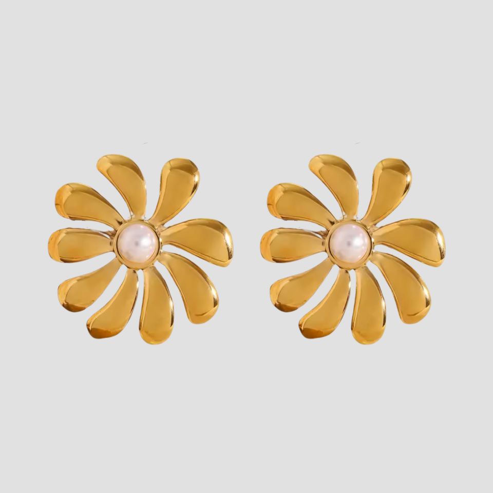GRISÉ NYC gold flower pearl statement earrings with sculpted petals.