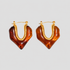 Gold Molten Heart Amber Resin Hoop Earrings in 18k gold-plated stainless steel with translucent amber resin heart design on a light gray background.