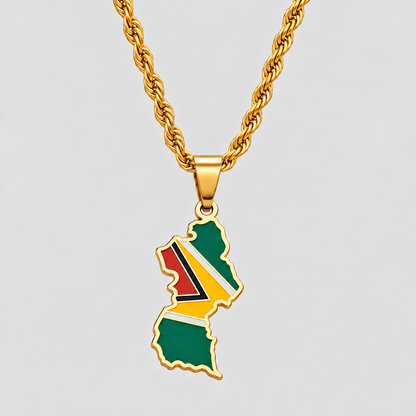 GRISÉ NYC gold Guyana flag map pendant necklace featuring green, red, yellow, black, and white enamel detailing on a 3mm gold rope chain.