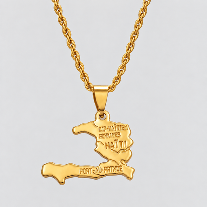 GRISÉ NYC gold Haiti map pendant necklace featuring engraved Haitian cities including Cap-Haïtien, Gonaïves, and Port-au-Prince, paired with a 3mm gold rope chain.