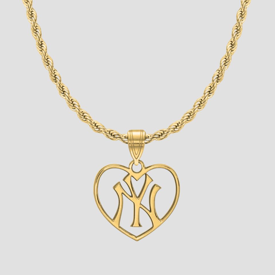 GRISÉ NYC Heart NY Yankees pendant necklace in gold on rope chain.