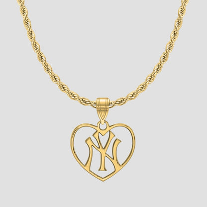 GRISÉ NYC Heart NY Yankees pendant necklace in gold on rope chain.