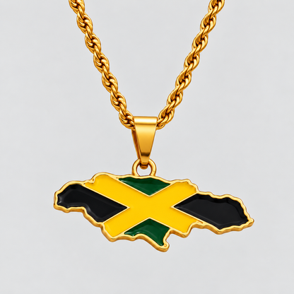 GRISÉ NYC gold Jamaica flag map pendant necklace featuring black, green, and yellow enamel detailing, paired with a 3mm gold rope chain on a light grey background.