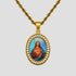 GRISÉ NYC Jesus Christ Oval Gemstone Pendant Necklace featuring white gemstones and a gold-tone stainless steel rope chain.