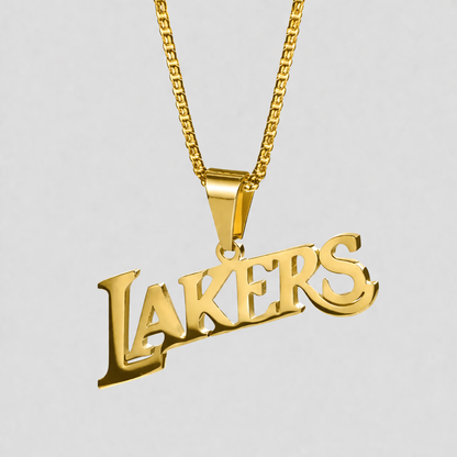 GRISÉ NYC Lakers gold box chain necklace in 18k gold plating with script pendant inspired by basketball culture