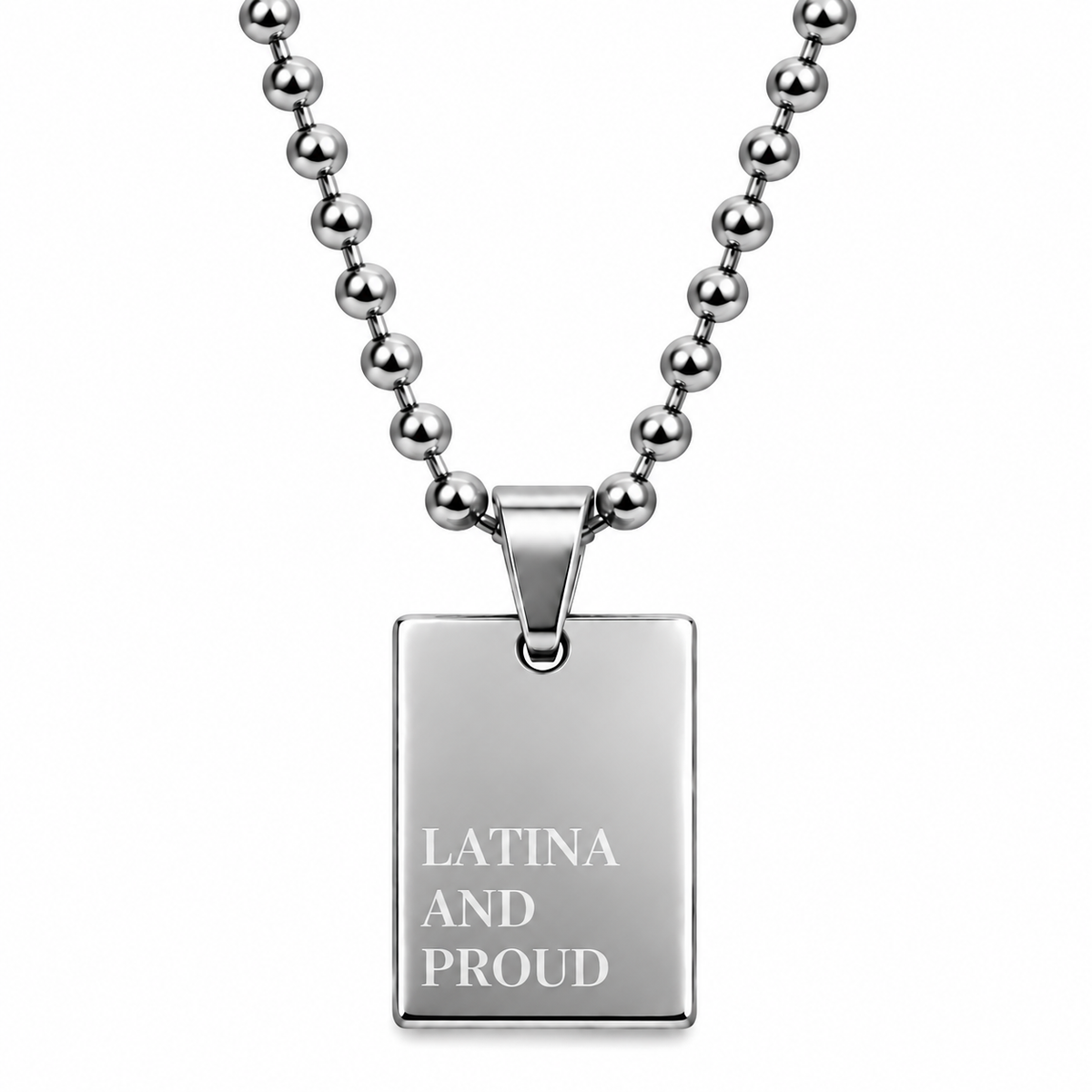 GRISÉ NYC LATINA AND PROUD necklace in silver stainless steel.