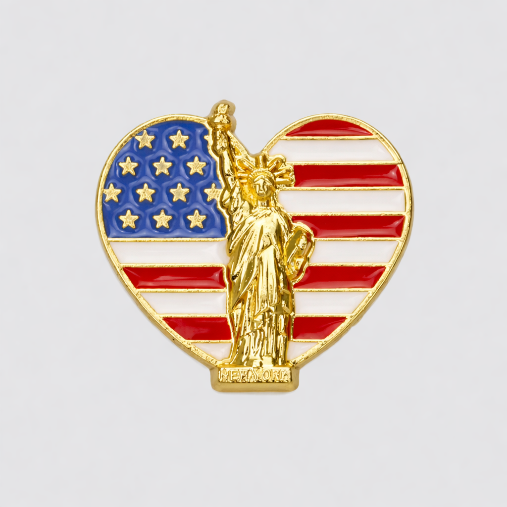 NY Liberty Heart Flag Pin with Statue of Liberty and American flag design in gold enamel