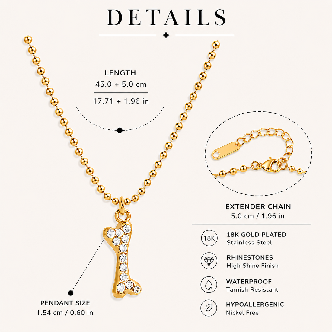 GRISÉ NYC Lucky Bone Crystal Necklace details graphic showing necklace length, extender chain, pendant size, rhinestone detailing, and 18k gold plated stainless steel finish