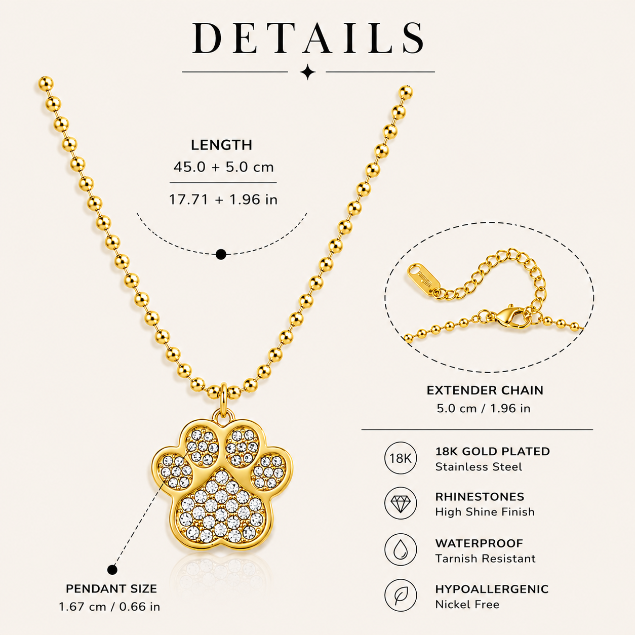 GRISÉ NYC Lucky Paw Crystal Necklace details infographic featuring 18k gold plated stainless steel, rhinestone paw pendant, extender chain, and necklace measurements on cream background
