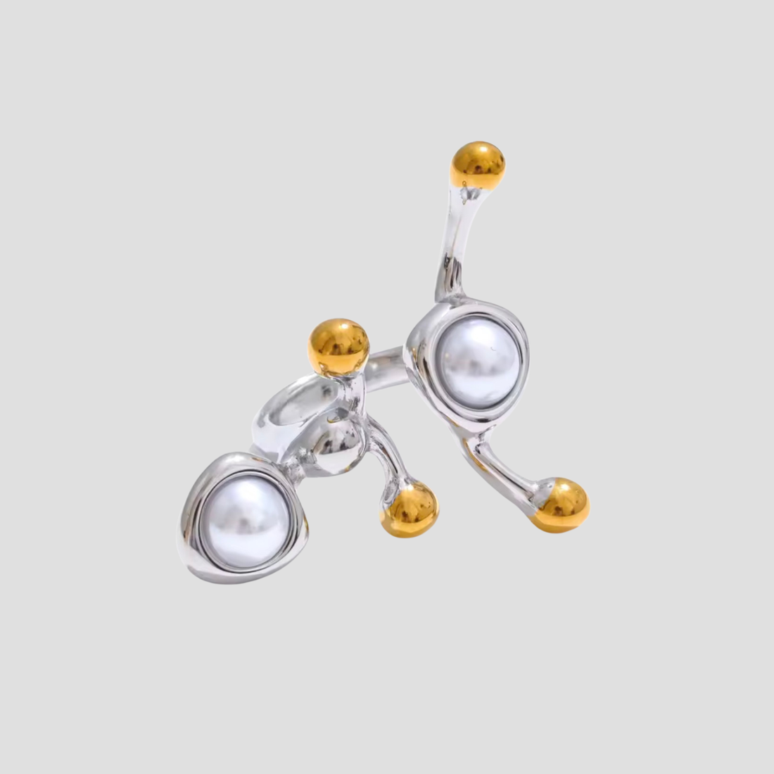 GRISÉ NYC molecule pearl two tone ring in stainless steel with sculptural orbital design and pearl accents