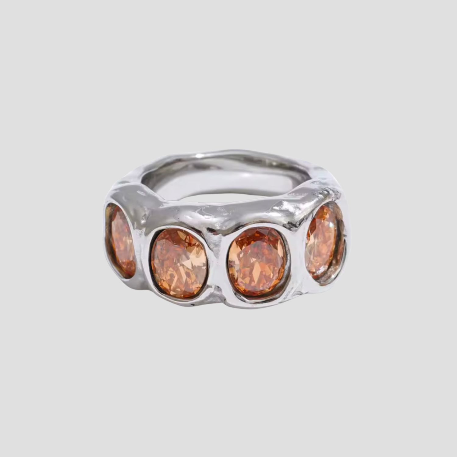 GRISÉ NYC Molten Crown Gems Ring in silver stainless steel with champagne gemstones on gray background