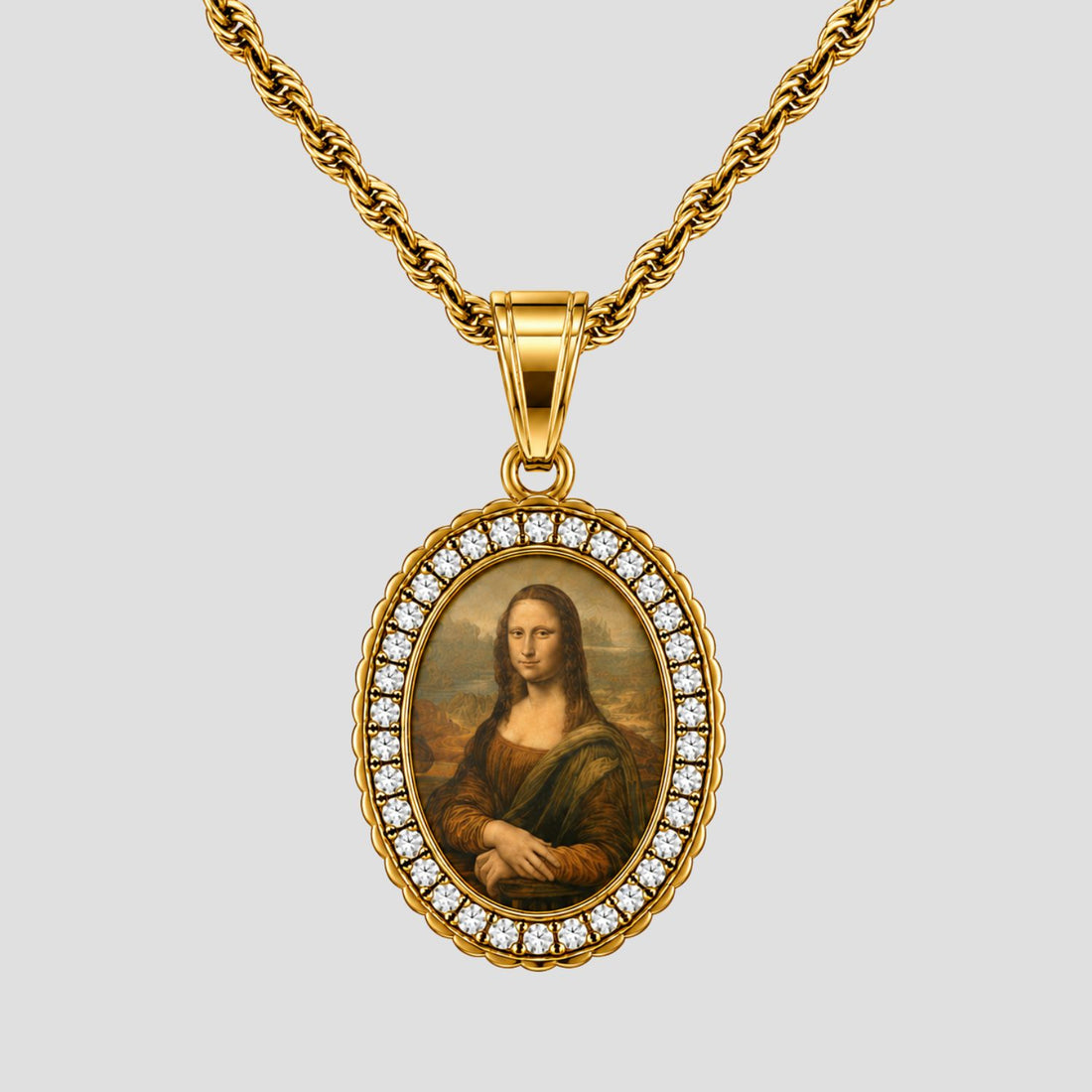 GRISÉ NYC Mona Lisa Pendant Necklace featuring white gemstones and a gold-tone stainless steel rope chain.